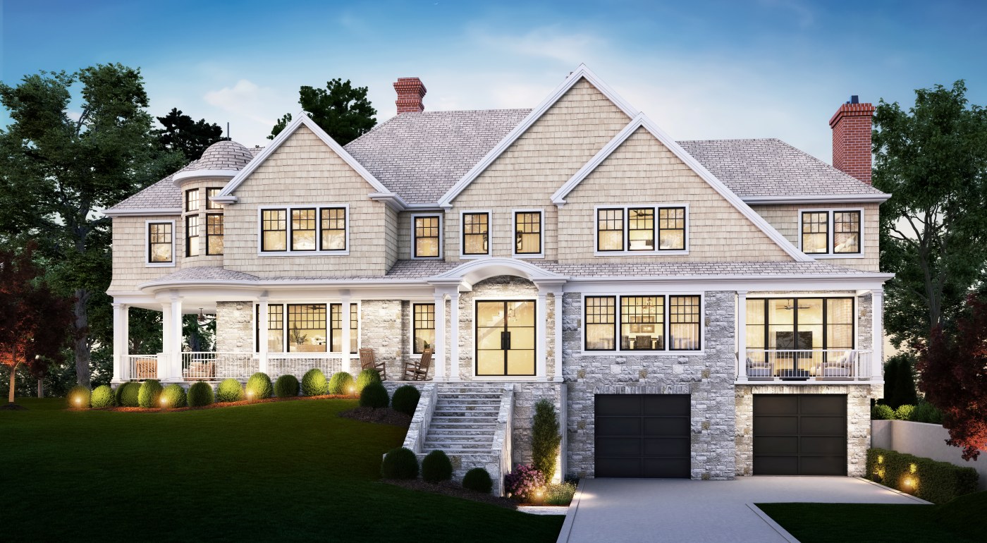 Front elevation rendering of 5 Walnut Ave luxury estate in Larchmont Manor